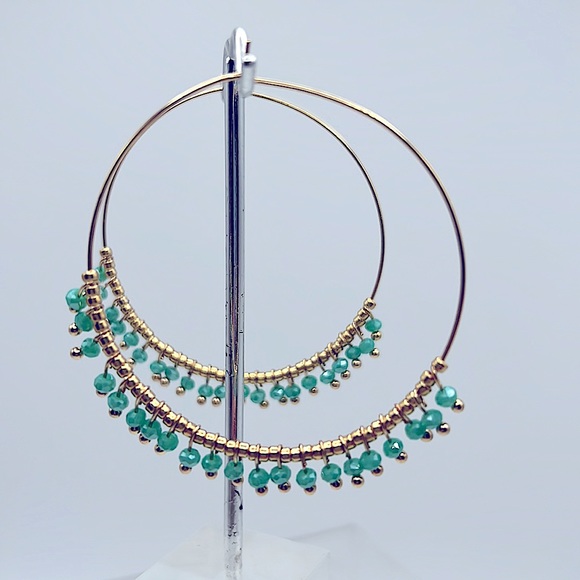 Boho Necklace And Earring Set - Faceted Turquoise & Gold Chain Necklace W/Hoops - Picture 6 of 6